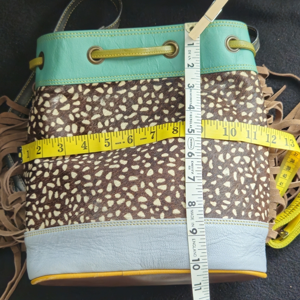 Zelah Leather & Hair on Hide Leopard Print Multicolor Drawstring Bucket Bag - Picture 6 of 12